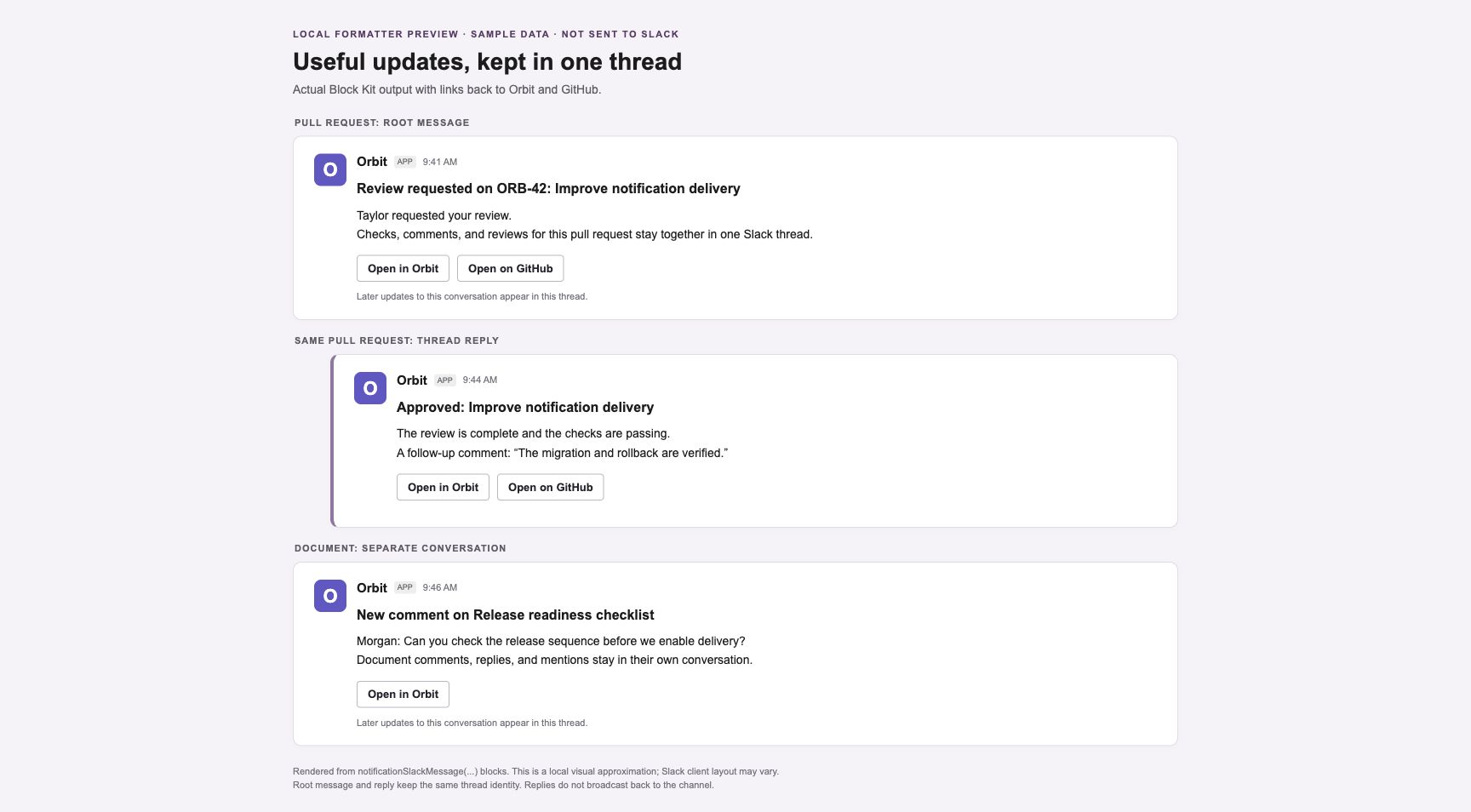 A local preview of the Slack root, reply and document message